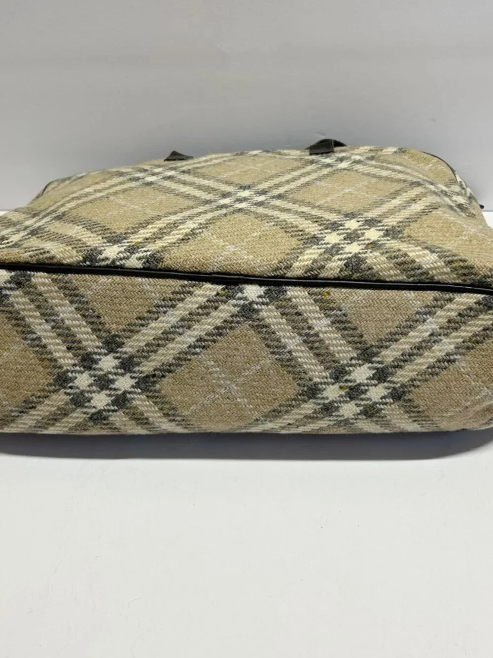 Burberry Beige and Black Plaid Tote with Dark Brown Leather Handles